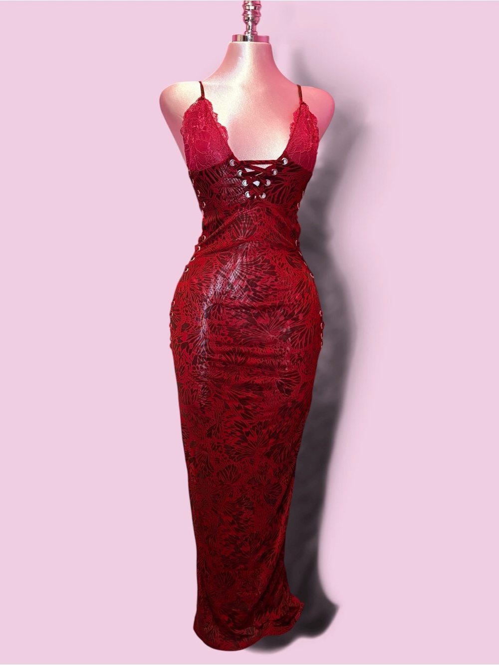 Red Lace-Accent Bodycon Maxi Dress